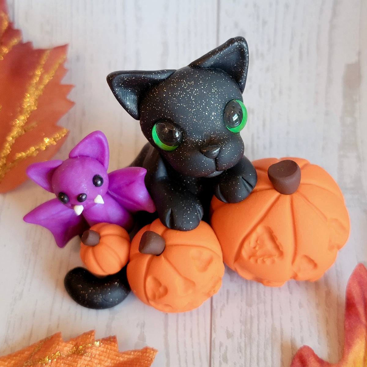Jack o’Lantern Kitty “Moonlight”, Handmade Clay Cat