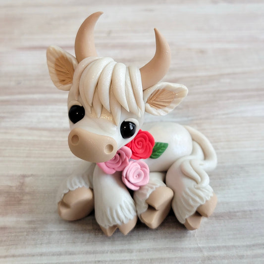 White Highland Cow “Roses”, Handmade Clay Cow