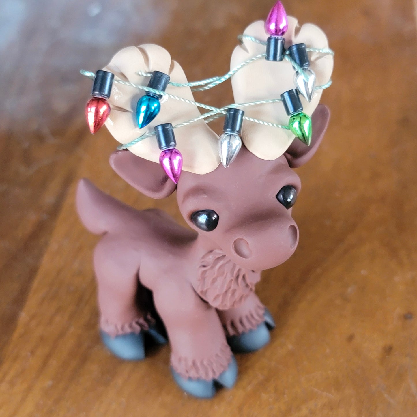 Christmas Lights Moose “Fudge”, Handmade Clay Moose
