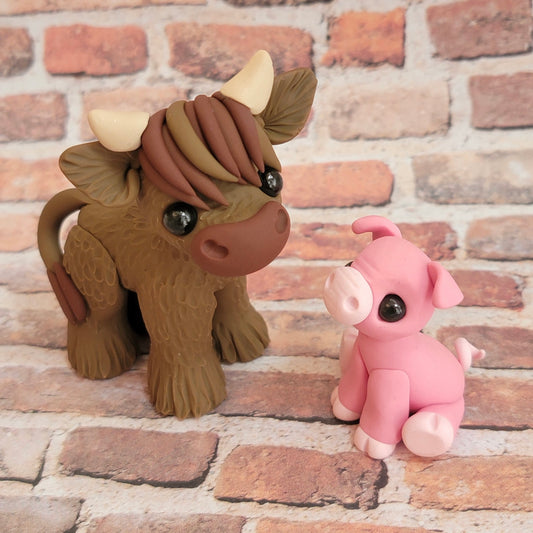 Highland Cow & Pig Friends, Handmade Clay Farm Animals