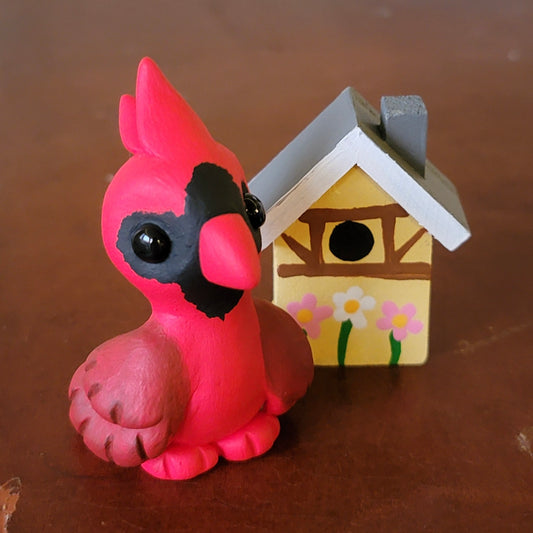Red Cardinal w/Yellow Birdhouse, Bird Sculpture