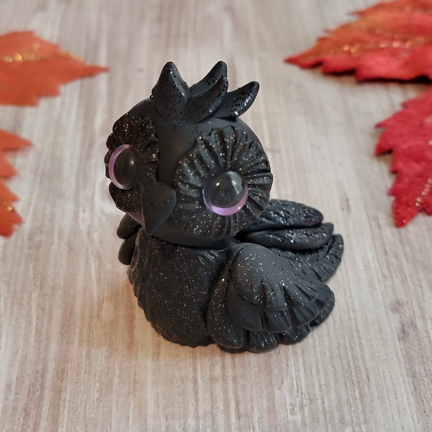 Black Glitter Owl “Twinkle”, Handmade Clay Owl