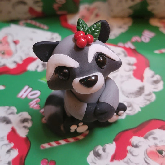 Christmas Raccoon “Holly Berry”, Raccoon Sculpture