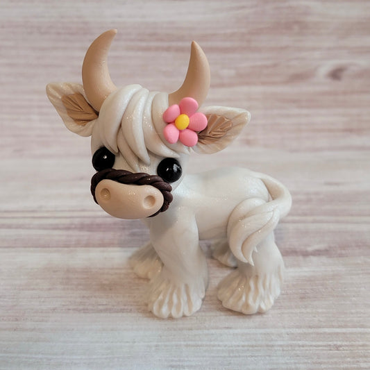 Mini Highland Cow “Cloud”, Handmade Clay Cow
