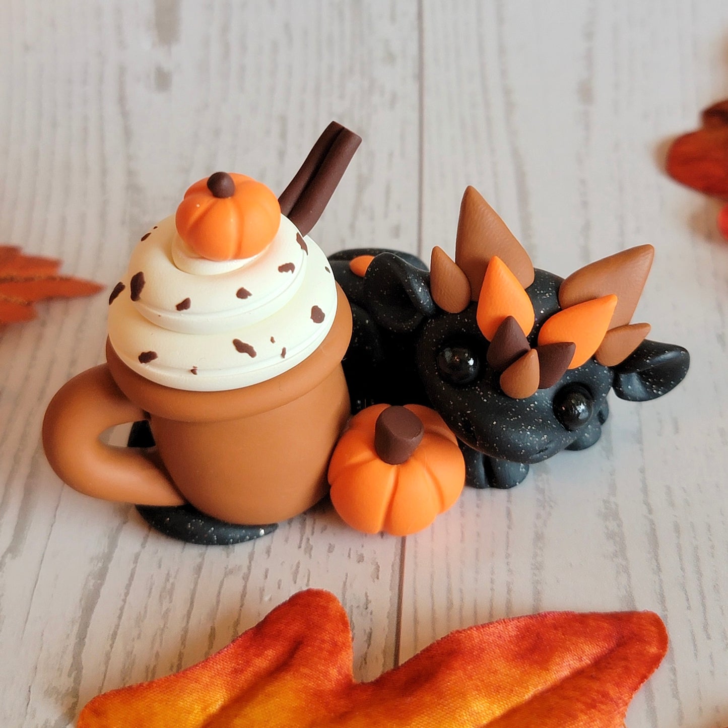 Mini Pumpkin Spice Latte Dragon “Crumbs”, Handmade Clay Dragon