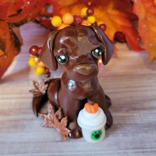 Chonky Chocolate Lab w/pumpkin spice latte “Cinnamon”, Dog Sculpture