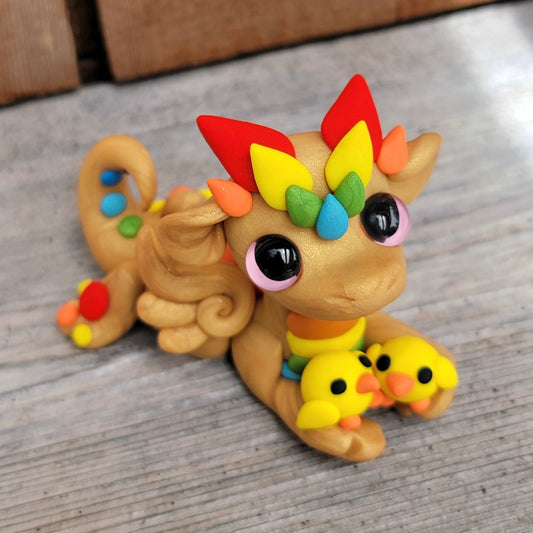 Rainbow Dragon w/Baby Chicks “Nugget”, Handmade Clay Dragon