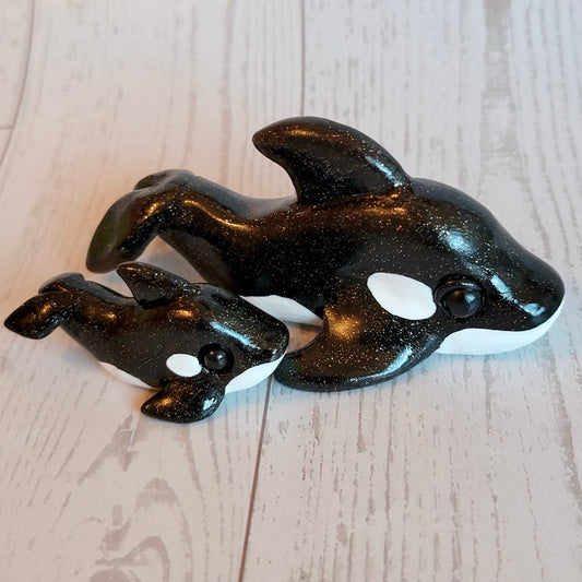Killer Whale Pair “Dotty and Onyx”, Handmade Clay Orcas