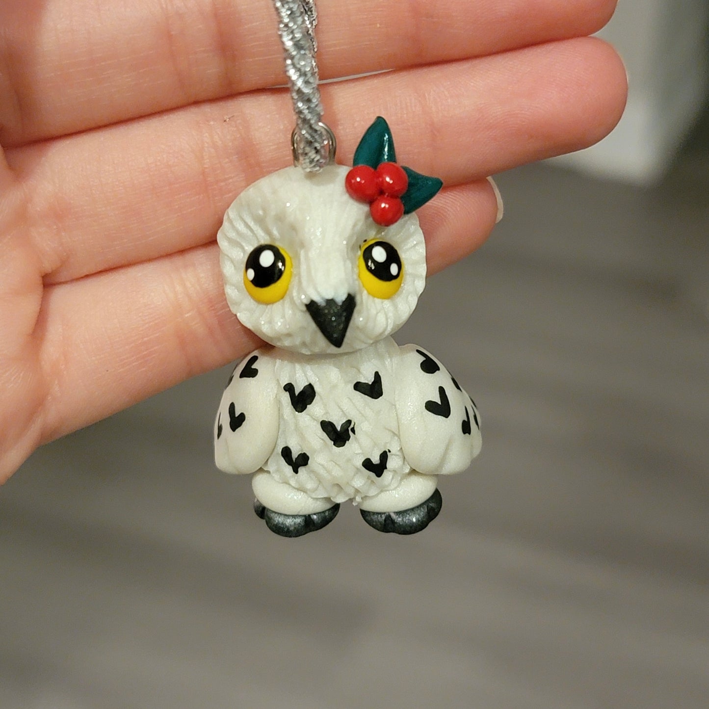 Mistletoe Snowy Owl Ornament, Handmade Clay Christmas Ornament