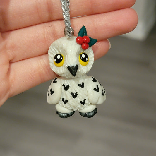 Mistletoe Snowy Owl Ornament, Handmade Clay Christmas Ornament