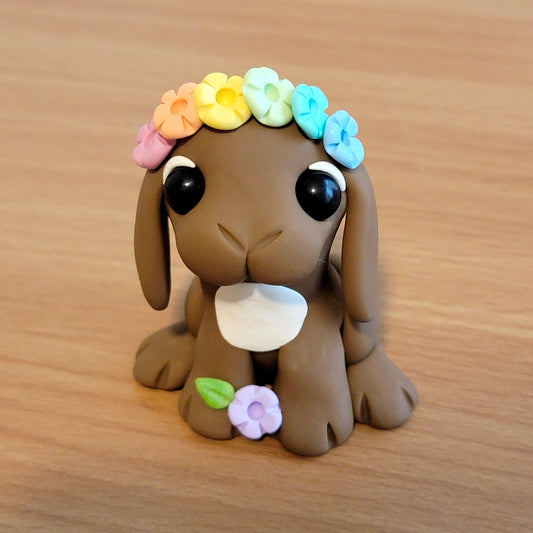 Flower Crown Bunny “Hazelnut”, Handmade Clay Bunny