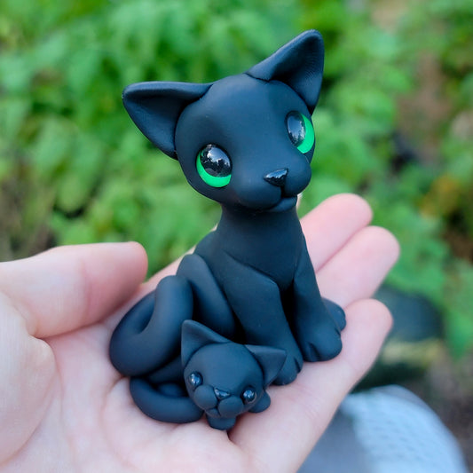 Momma and Baby Black Cats “Colette & Cole”, Handmade Clay Cats