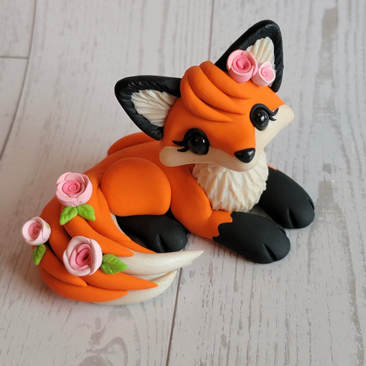 Rose Fox “Petals”, Handmade Clay Fox