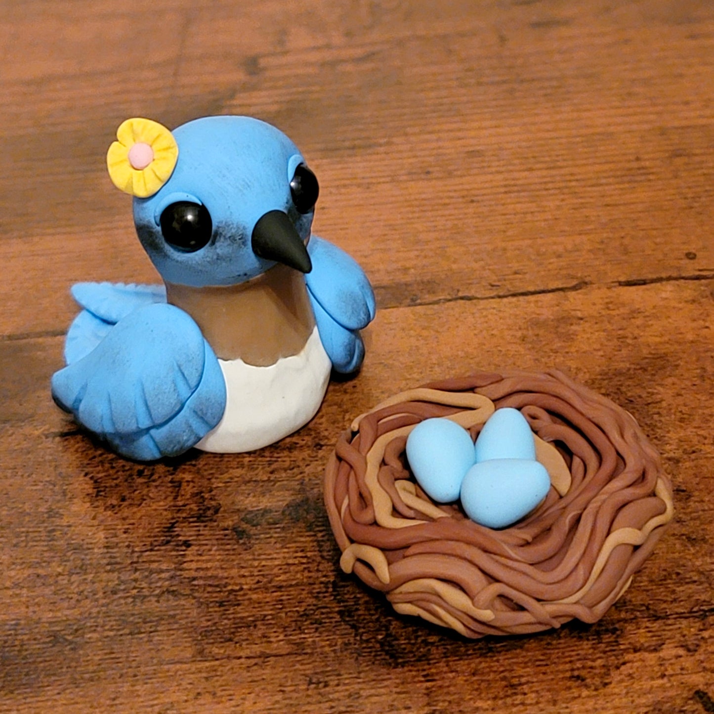 Blue Bird “River”, Handmade Clay Bird w/Eggs