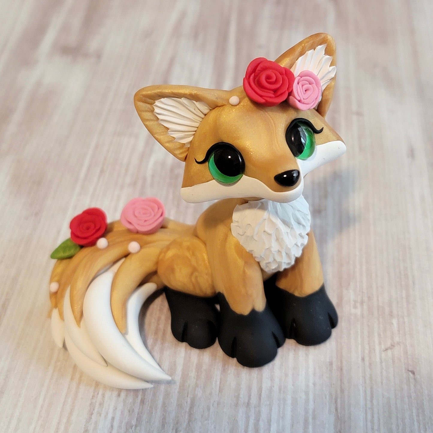 Rose Fox “Petals”, Handmade Clay Fox