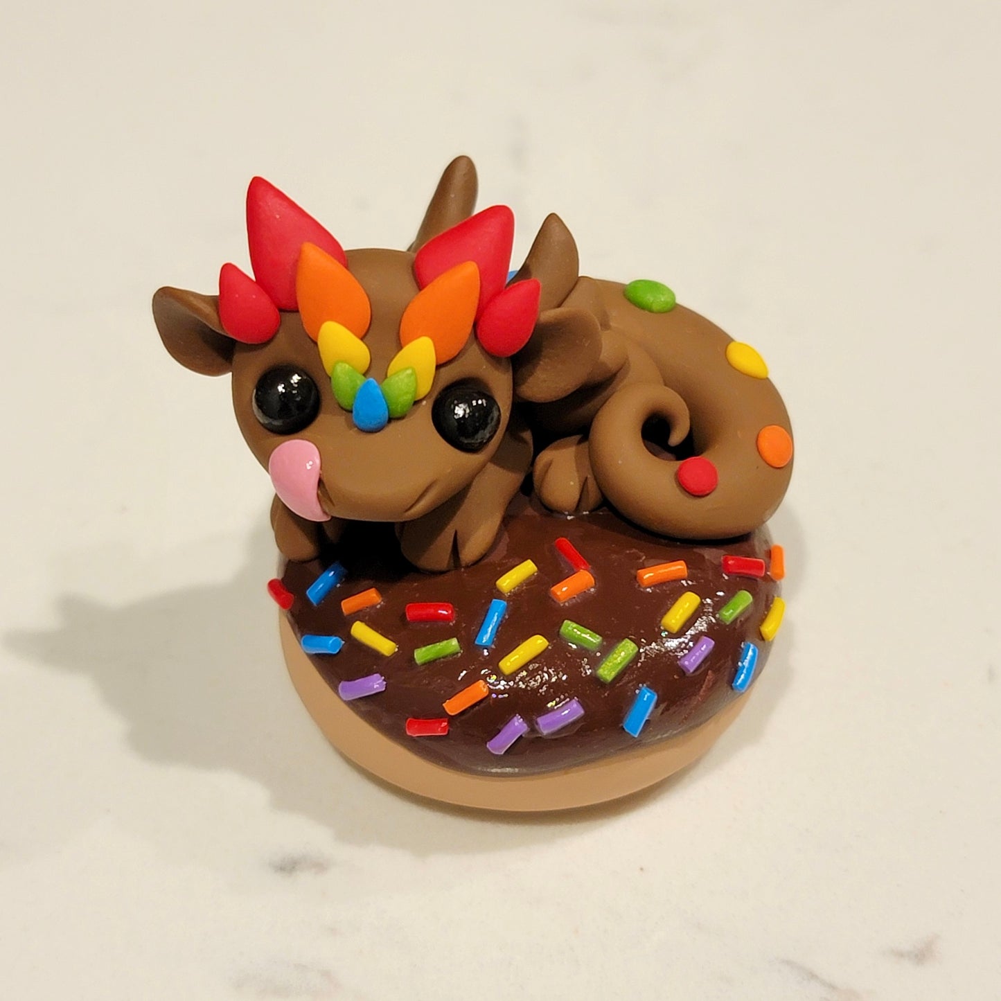 Rainbow Sprinkle Donut Dragon, Handmade Clay Dragon
