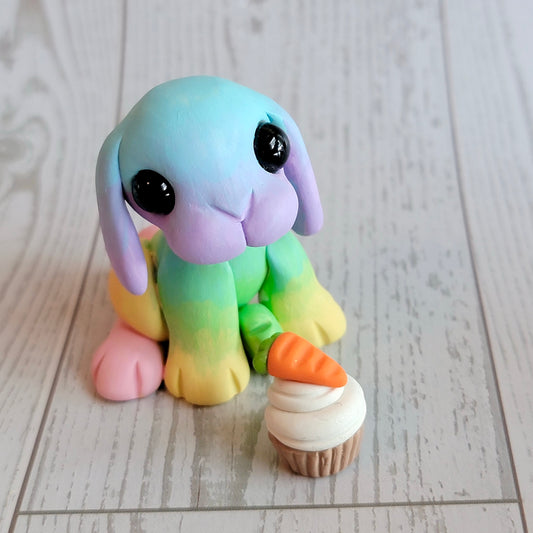 Pastel Rainbow Bunny “Starburst”, Handmade Clay Bunny