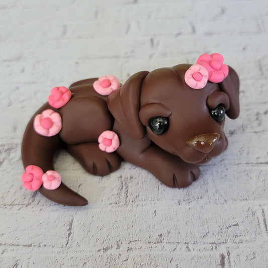 Cherry Blossom Chocolate Lab “Coral”, Handmade Clay Dog