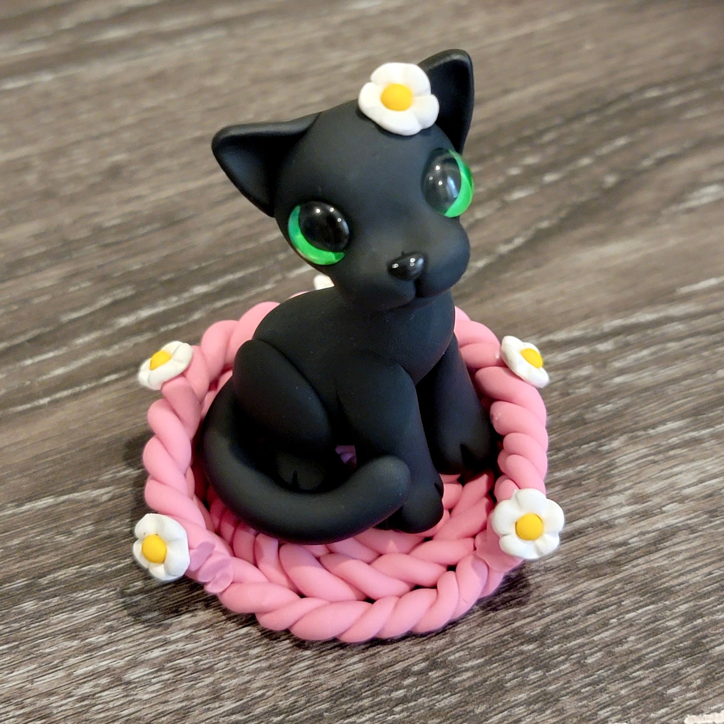 Black Cat “Flower”, Handmade Clay Cat