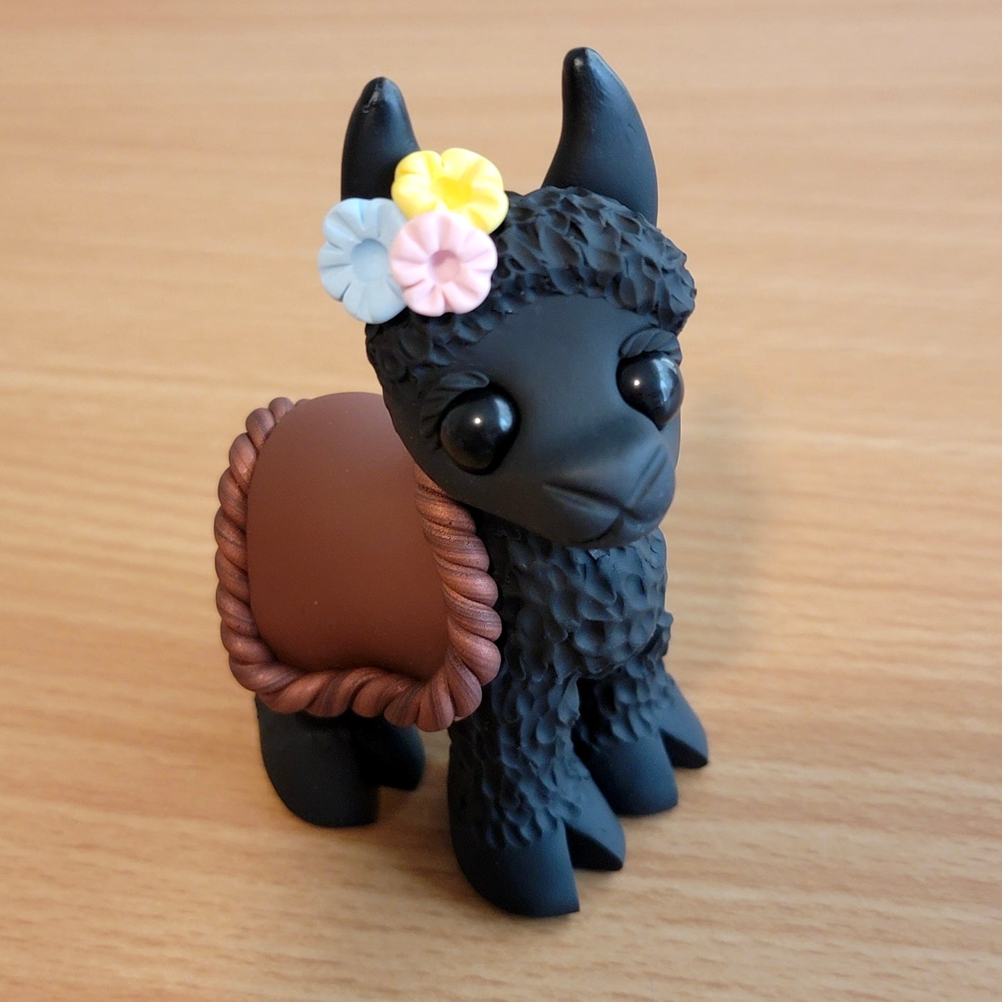 Black Flower Llama “Pepper”, Handmade Clay Llama