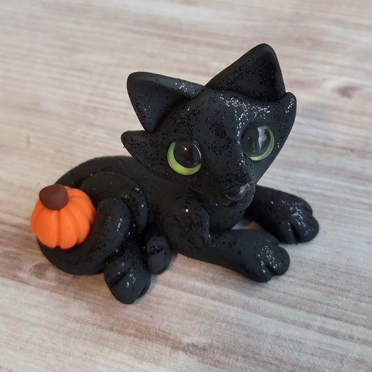 Black Glitter Cat “Sally”, Handmade Clay Cat