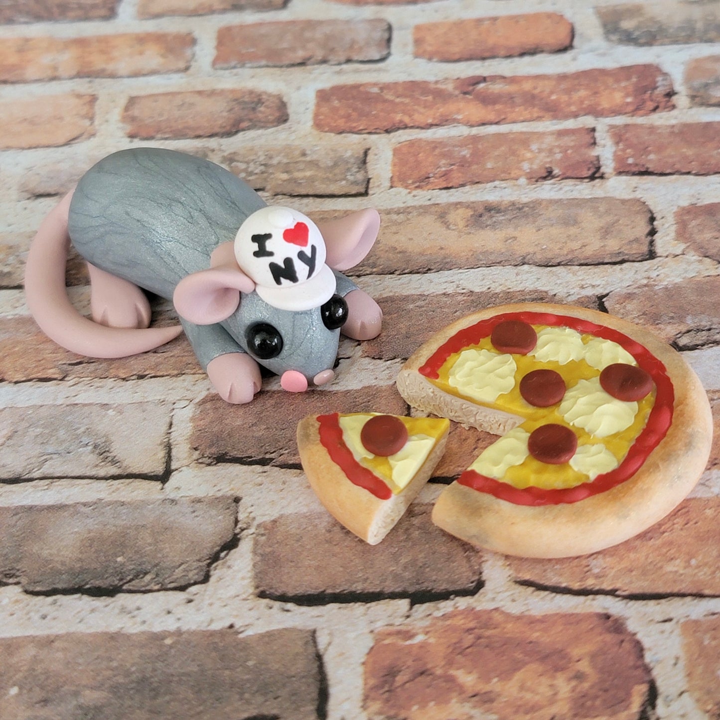 I Love NY Rat “Pepperoni”, Handmade Clay Rat