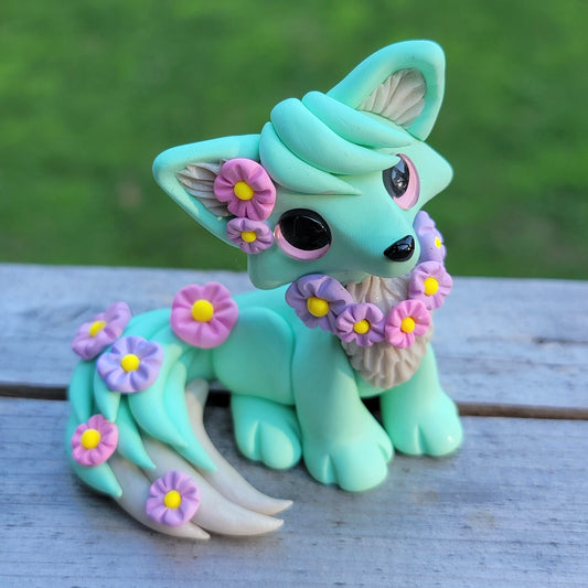 Mint Flower Fox “Basil”, Handmade Clay Fox
