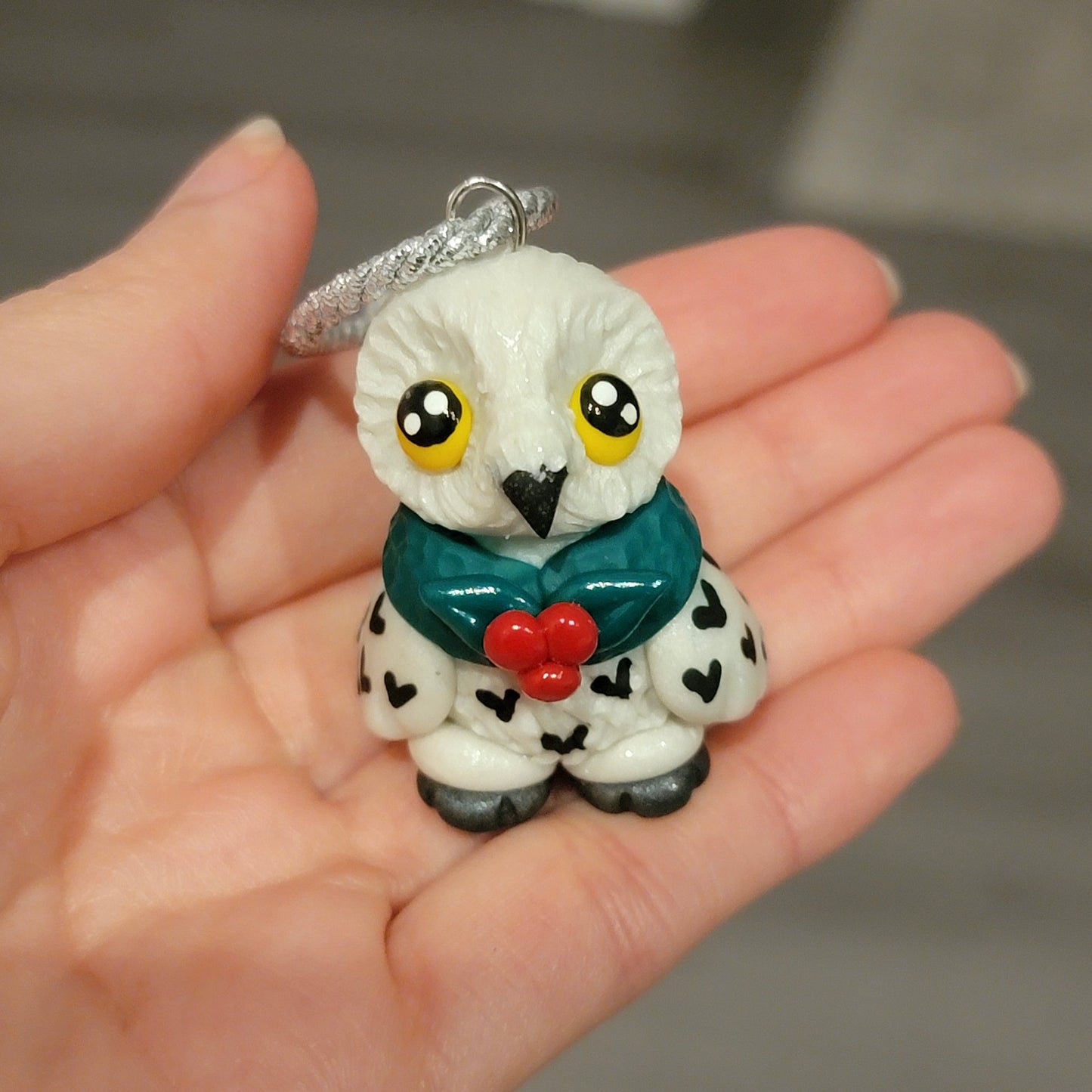 Wreath Snowy Owl Ornament, Handmade Clay Christmas Ornament