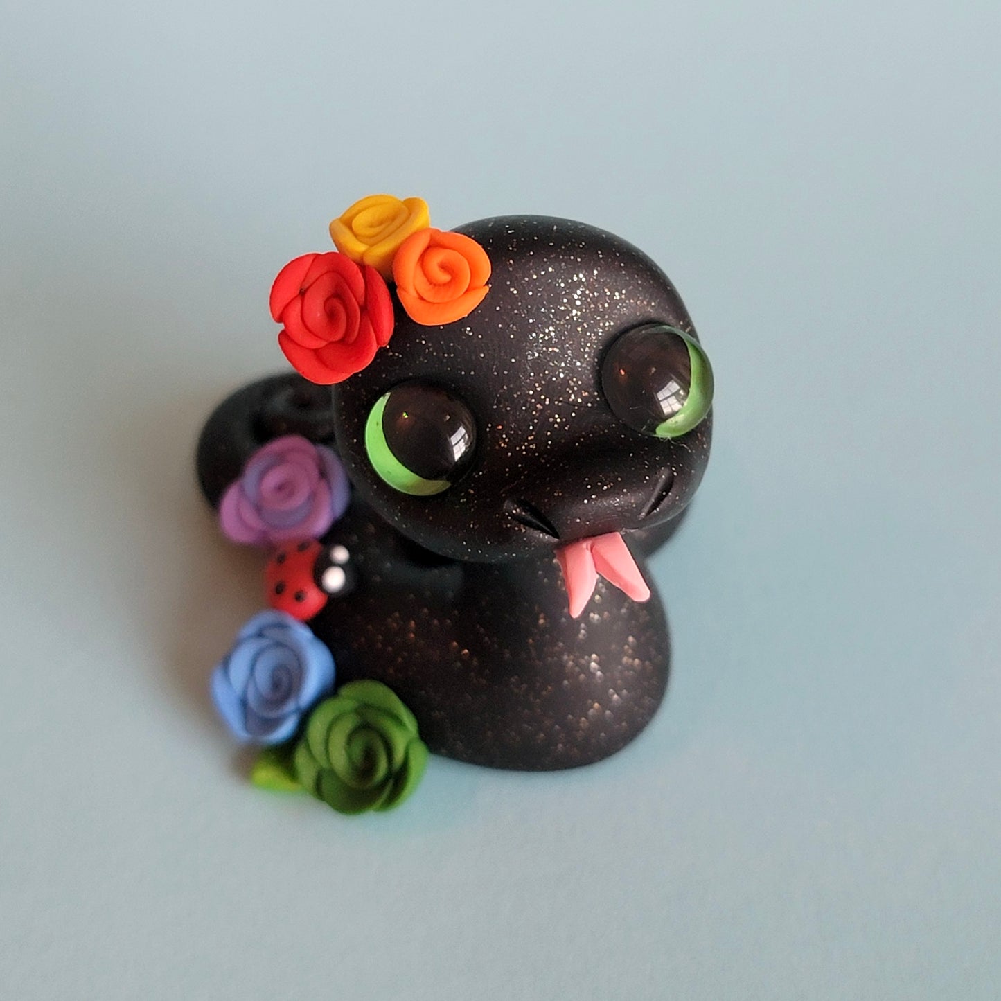 Rose Garter Snake “Raindrop”, Handmade Clay Snake