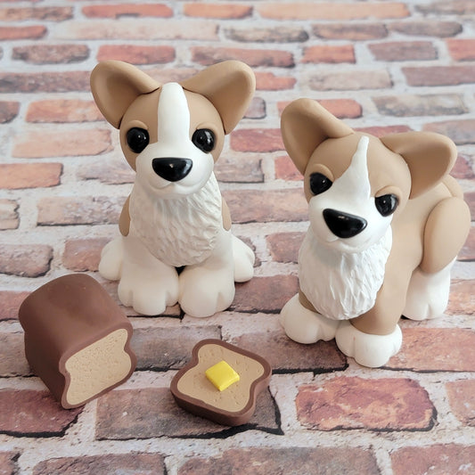 *DISCOUNTED* Pair of Corgis w/Bread Loaf, Handmade Clay Corgis