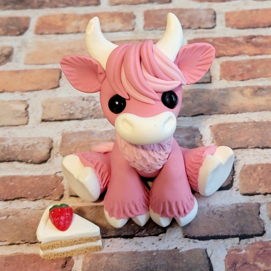 Strawberry Shortcake Highland Cow “Mabel”, Handmade Clay Cow