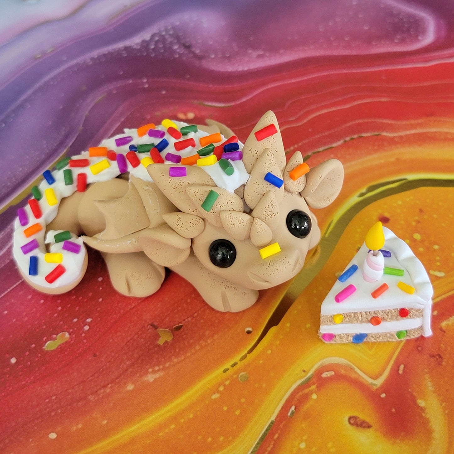 Bday Cake Dragon “Confetti”, Handmade Clay Dragob