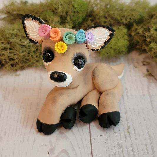 Flower Crown Deer “Juniper”, Handmade Clay Deer