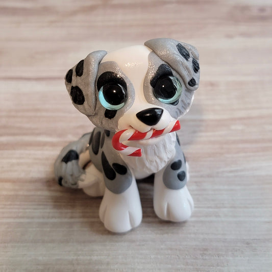 Candy Cane Aussie “Noel”, Handmade Clay Dog