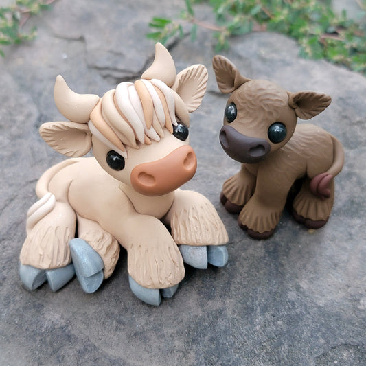 Momma and Baby Highland Cows “Biscotti & Cola”, Handmade Clay Cows