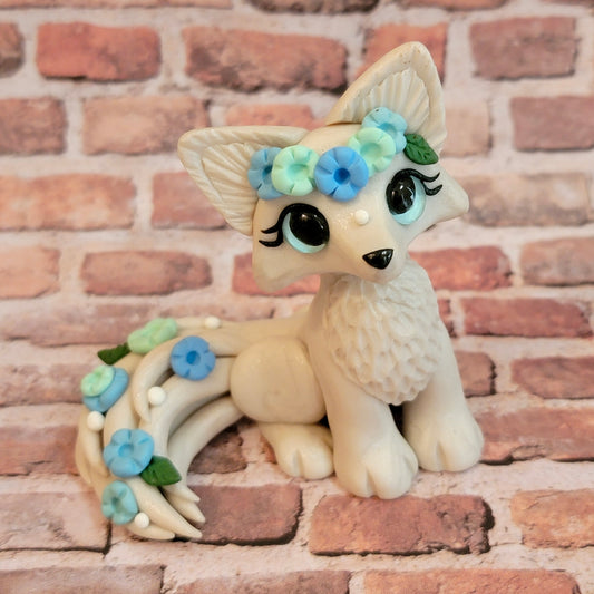 Blue Flower Fox “Pearl”, Handmade Clay Fox