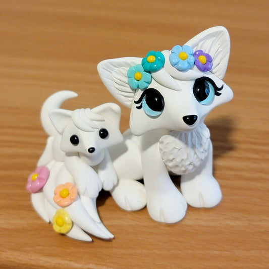 Flower Crown Fox and Baby, Handmade Clay Foxes