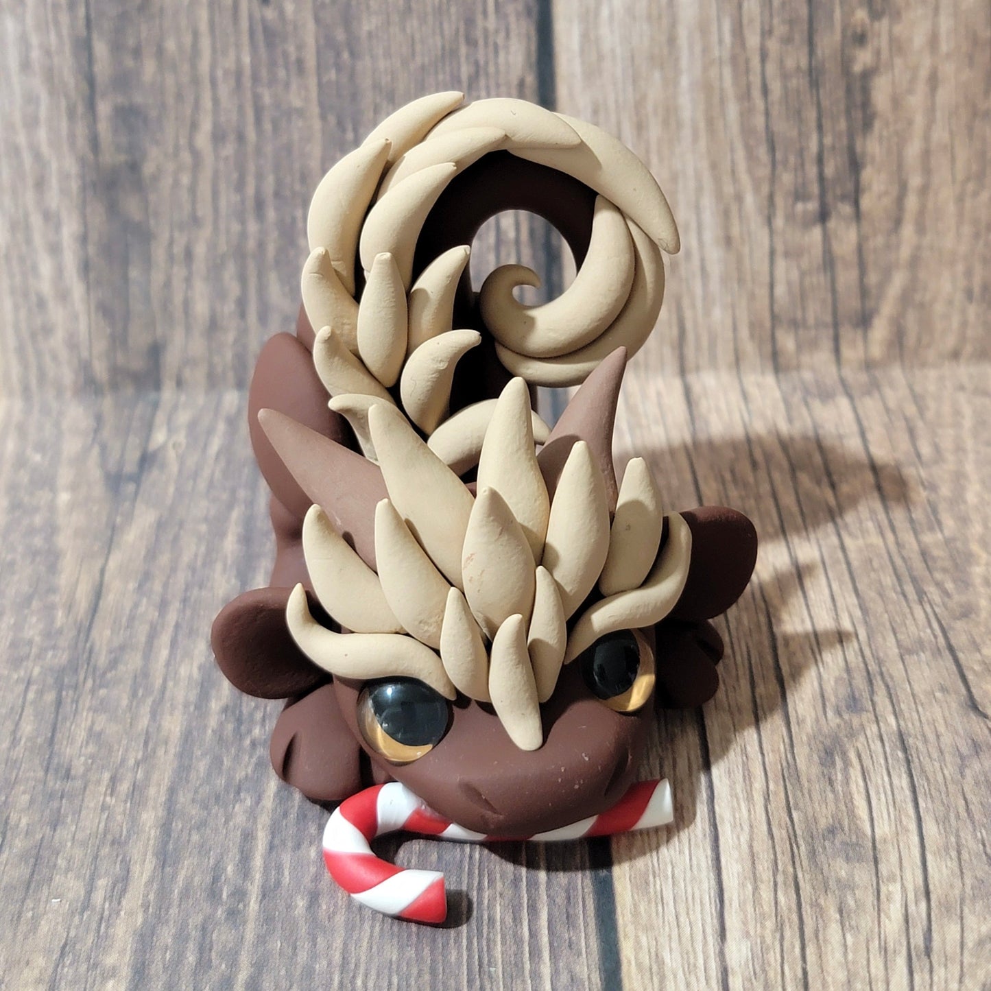 Mocha Oriental Dragon w/Candy Cane “Treat”, Dragon Figurine