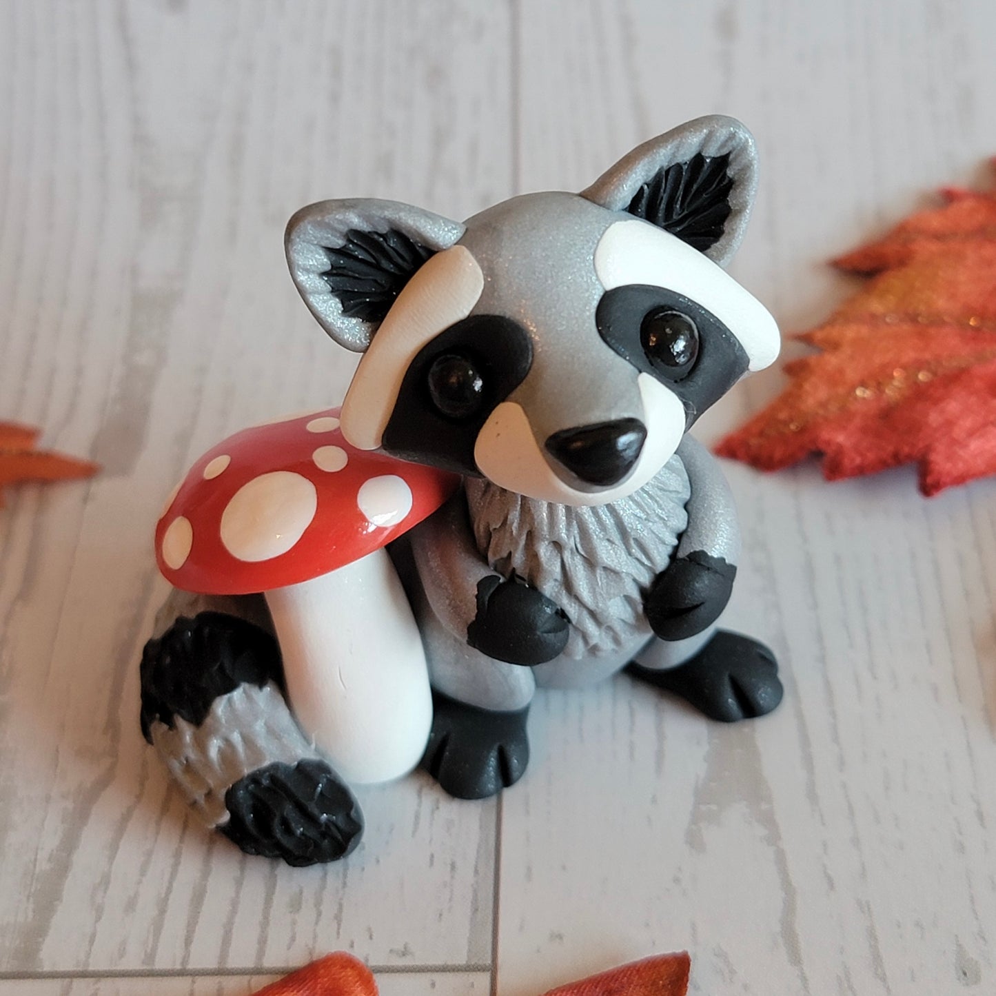 Mushroom Raccoon “Domino”, Handmade Clay Raccoon