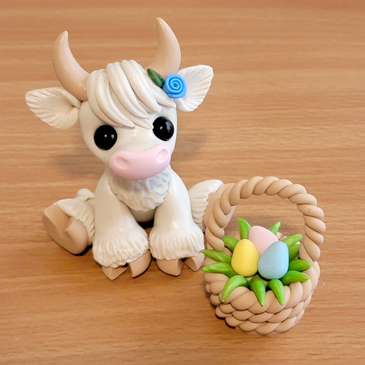 Easter Basket Highland Cow “Sugar”, Handmade Clay Cow
