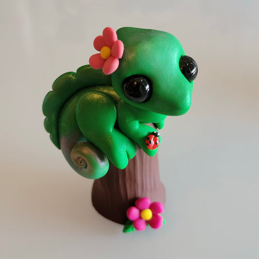 Ladybug Chameleon “Honeysuckle”, Handmade Clay Chameleon