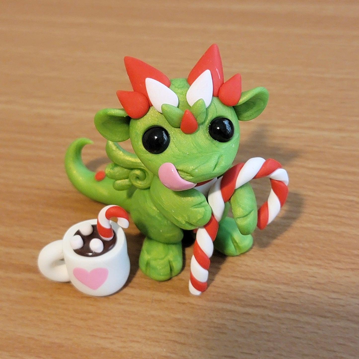 Candy Cane Cocoa Dragon “Mistletoe”, Handmade Clay Dragon