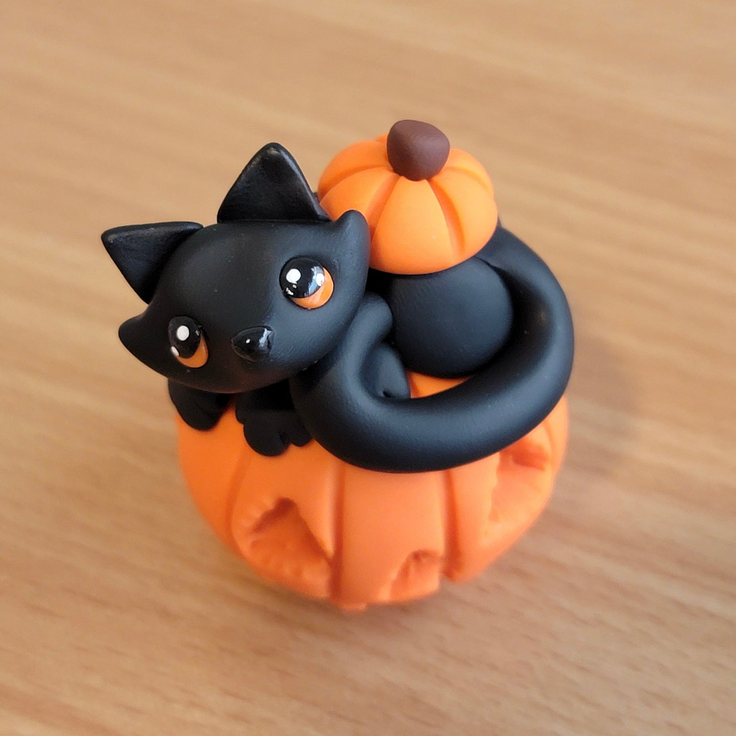 Mini Jack O’ Lantern Kitty “Trixie”, Handmade Clay Cat