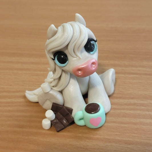Hot Cocoa Pony “Marshie”, Handmade Clay Pony