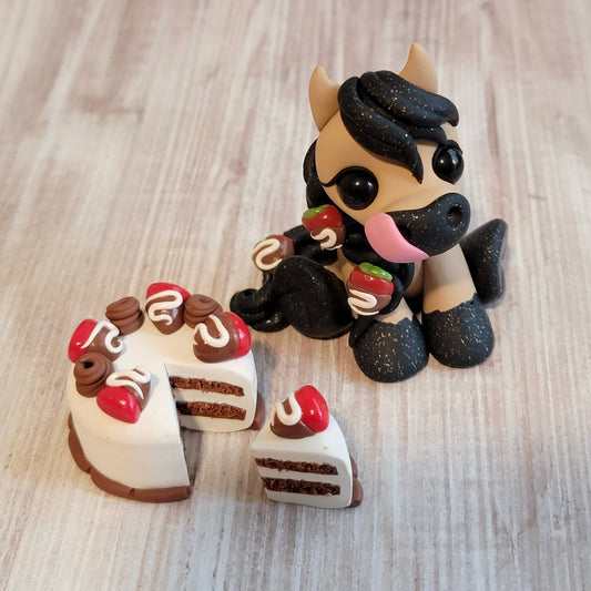 Chocolate Strawberry Cake Pony “Godiva”, Handmade Clay Pony