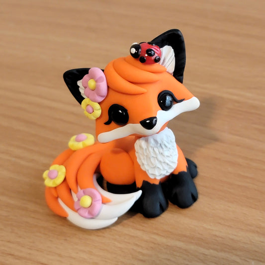 Mini Flower Fox #1, Handmade Clay Fox