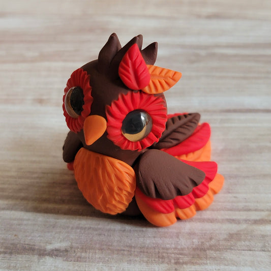 Fall Leaves Owl “Harvest”, Handmade Clay Owl