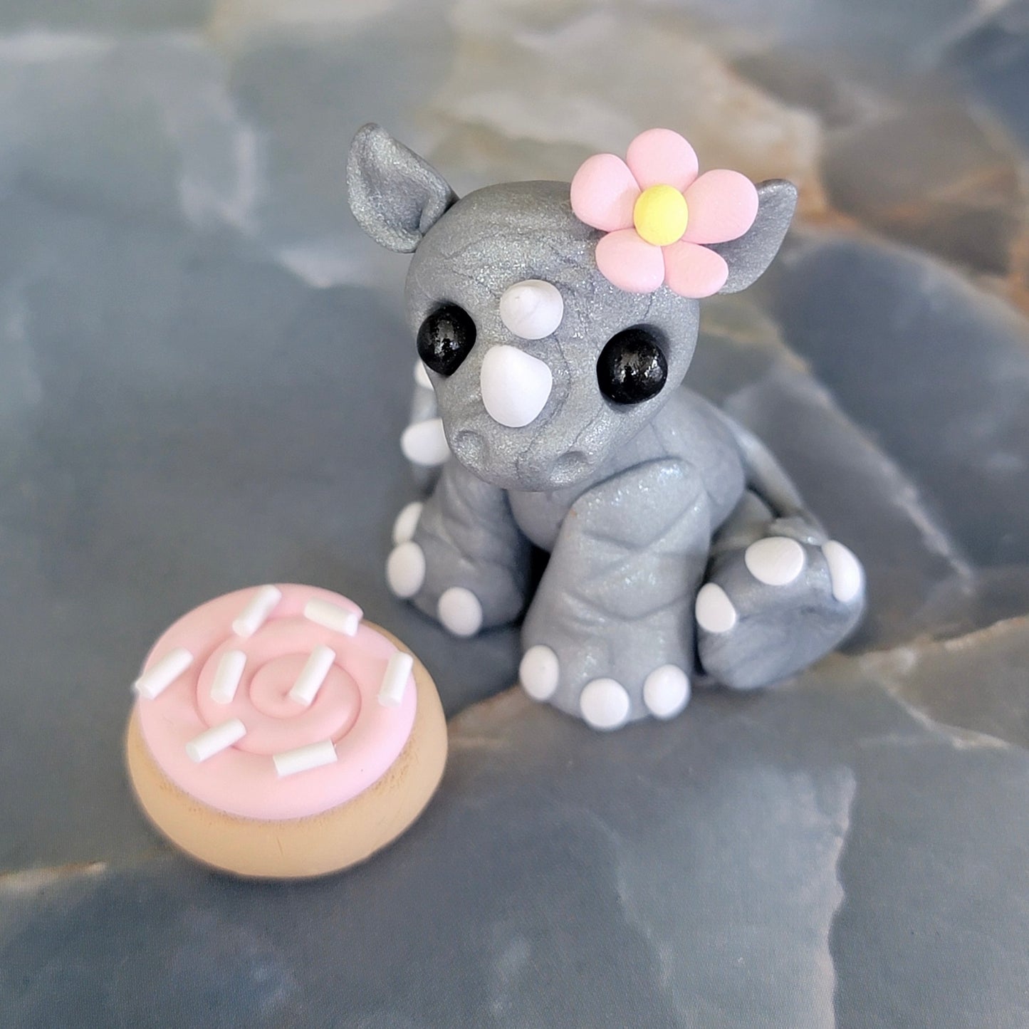 Mini Rhino w/Cookie “Petals”, Handmade Clay Rhino