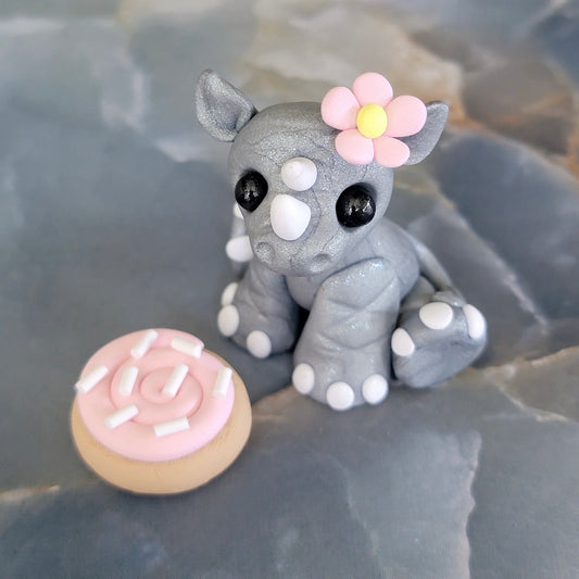 Mini Rhino w/Cookie “Petals”, Handmade Clay Rhino