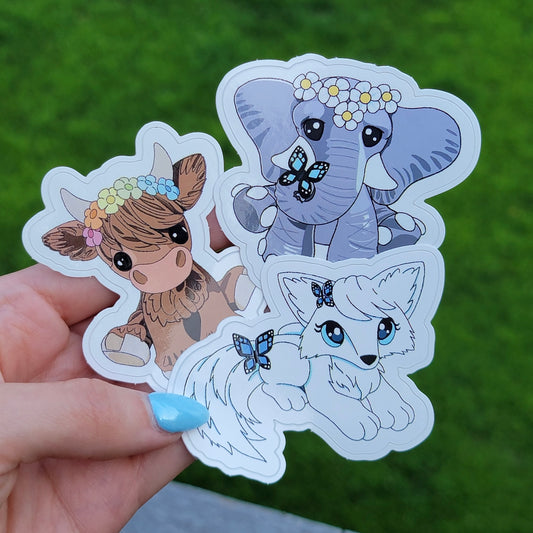 Sticker Trio Pack, Highland Cow, Flower Crown Elephant, and Butterfly Fox